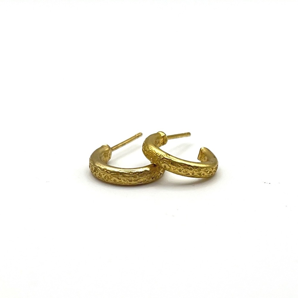 Hammered Gold Tone Textured Small C-Hoop Post Back Earrings 0.5 Inch
